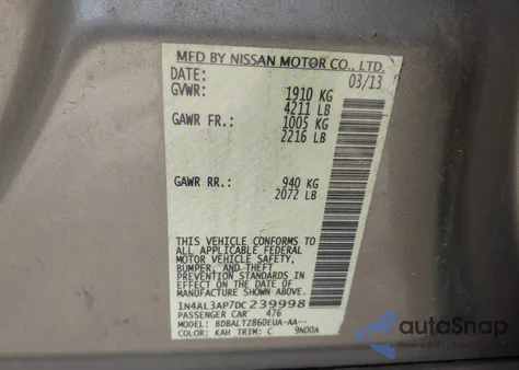 2013 Nissan Altima 2.5 Sv z USA, uszkodzony, nr VIN 1N4AL3AP7DC239998